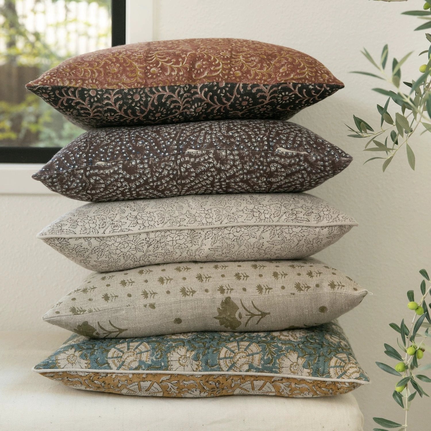 Marisa Floral Block Print Throw Pillow Cover, Noir on Natural by White Cliff Studio