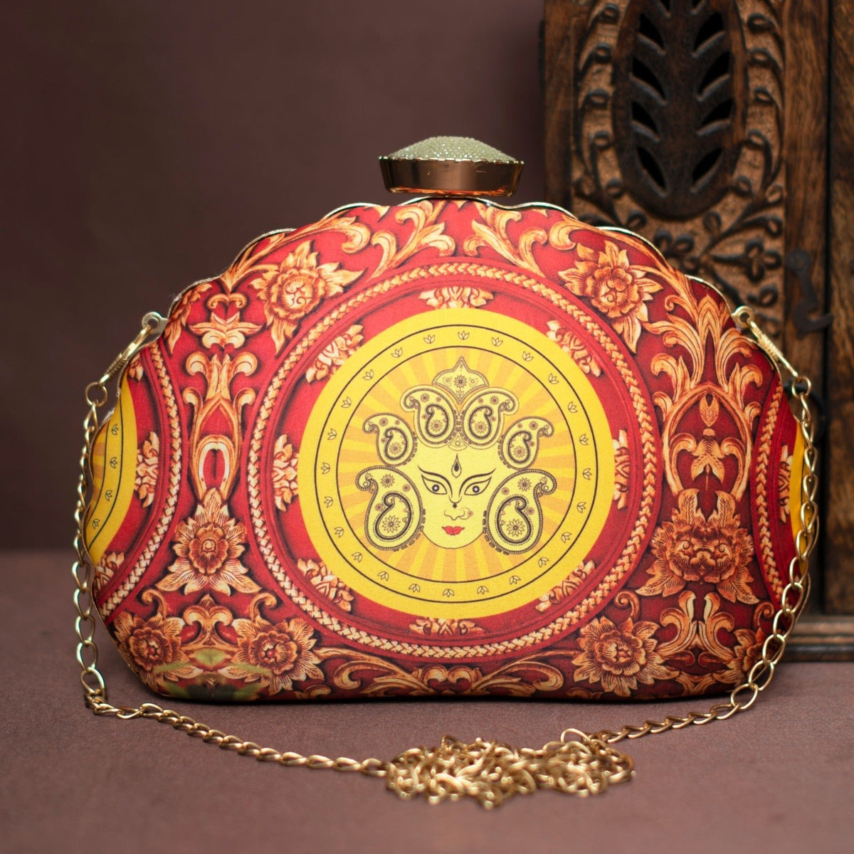 Maroon Durga Printed D-Shape Clutch La Vie Bien Maroon Durga Printed D-Shape Clutch