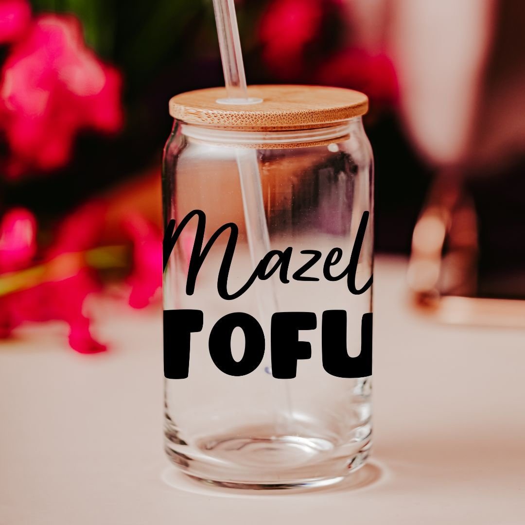 Mazel Tofu Jewish Vegan Glass Can Cup La Vie Bien Mazel Tofu Jewish Vegan Glass Can Cup