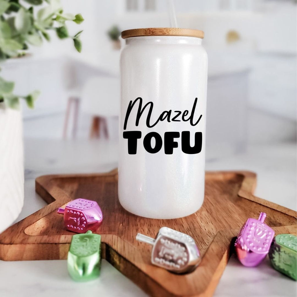 Mazel Tofu Jewish Vegan Glass Can Cup La Vie Bien Mazel Tofu Jewish Vegan Glass Can Cup