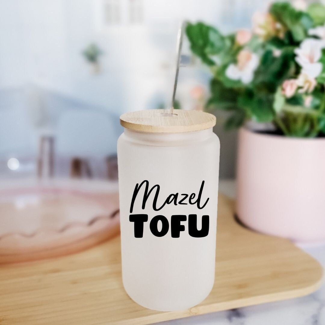 Mazel Tofu Jewish Vegan Glass Can Cup La Vie Bien Mazel Tofu Jewish Vegan Glass Can Cup
