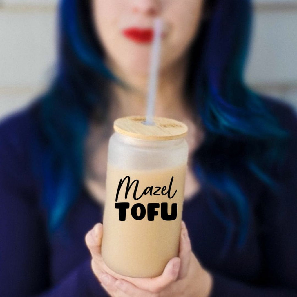 Mazel Tofu Jewish Vegan Glass Can Cup La Vie Bien Mazel Tofu Jewish Vegan Glass Can Cup