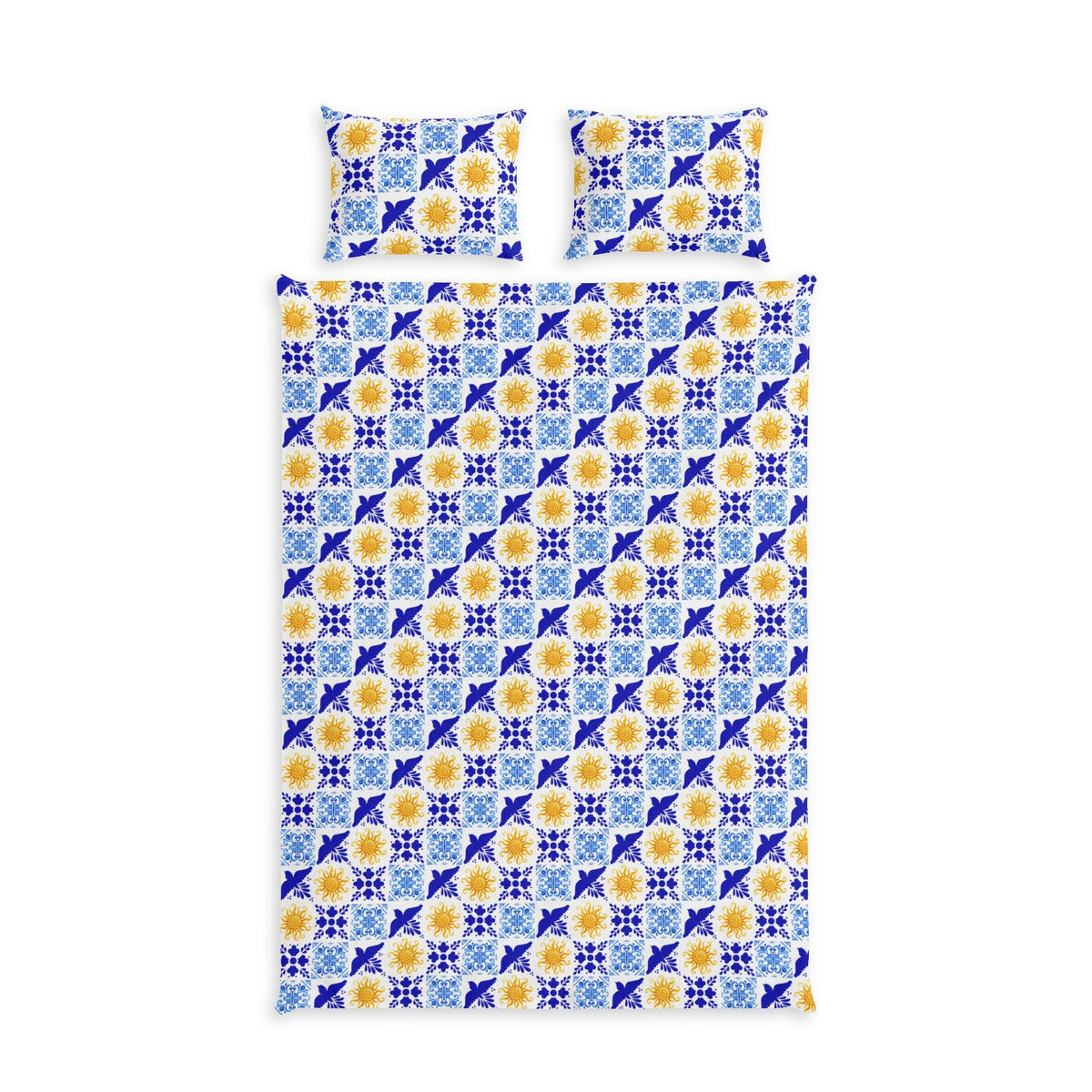 Mediterranean Sun 'Talavera Sol' Tile Cotton Bed Set - Blue, yellow, and white bedding Home Decor La Vie Bien Mediterranean Sun 'Talavera Sol' Tile Cotton Bed Set - Blue, yellow, and white bedding