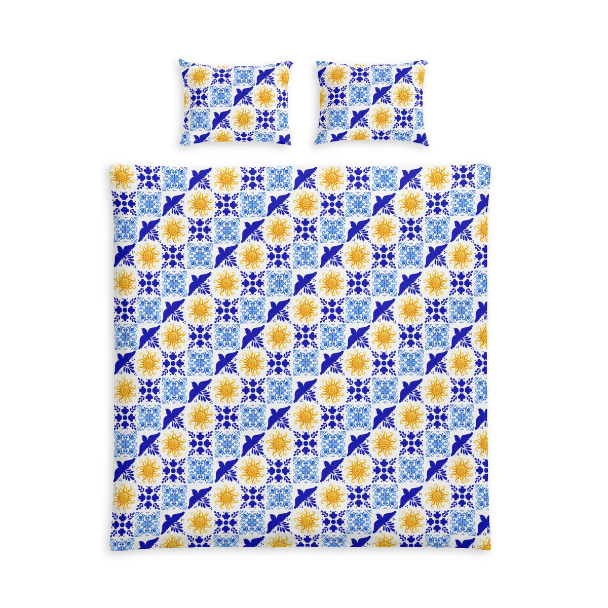 Mediterranean Sun 'Talavera Sol' Tile Cotton Bed Set - Blue, yellow, and white bedding Home Decor La Vie Bien Mediterranean Sun 'Talavera Sol' Tile Cotton Bed Set - Blue, yellow, and white bedding