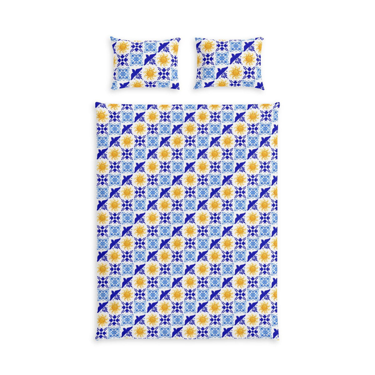 Mediterranean Sun 'Talavera Sol' Tile Cotton Bed Set - Blue, yellow, and white bedding Home Decor La Vie Bien Mediterranean Sun 'Talavera Sol' Tile Cotton Bed Set - Blue, yellow, and white bedding
