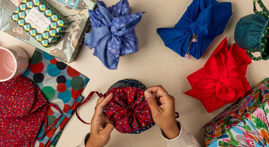 Medium Reusable Fabric Gift Bag | Blue & Red Confetti by Shiki Wrap