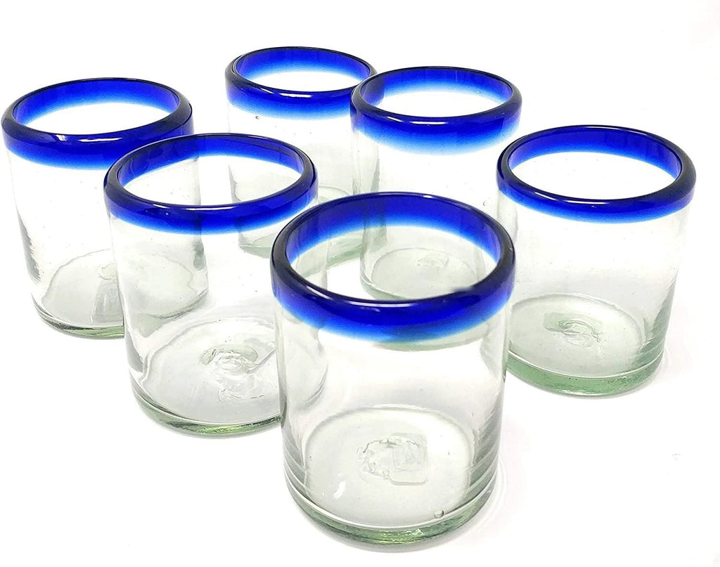 Cobalt Blue Rim Tumbler Glasses - Set of 6 (10 oz each) by Dos Sueños