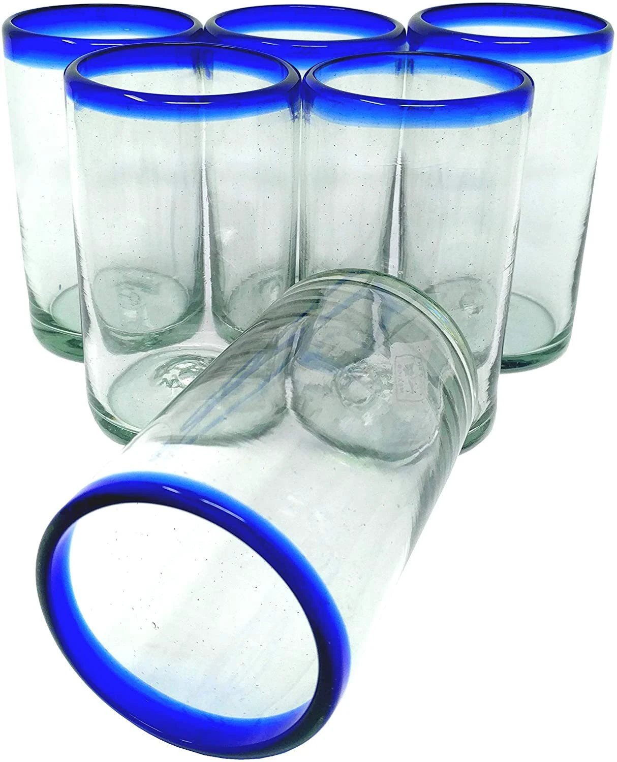 Cobalt Blue Rim Drinking Glasses - Set of 6 (14 oz each) by Dos Sueños