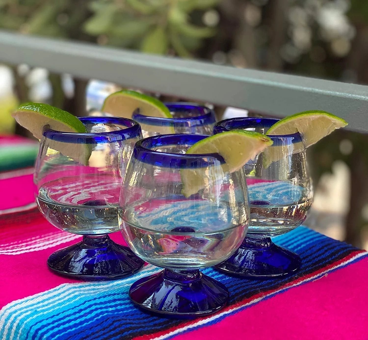 Cobalt Blue Rim Cognac Snifter Tequila Glasses - Set of 4 (7 oz each) by Dos Sueños