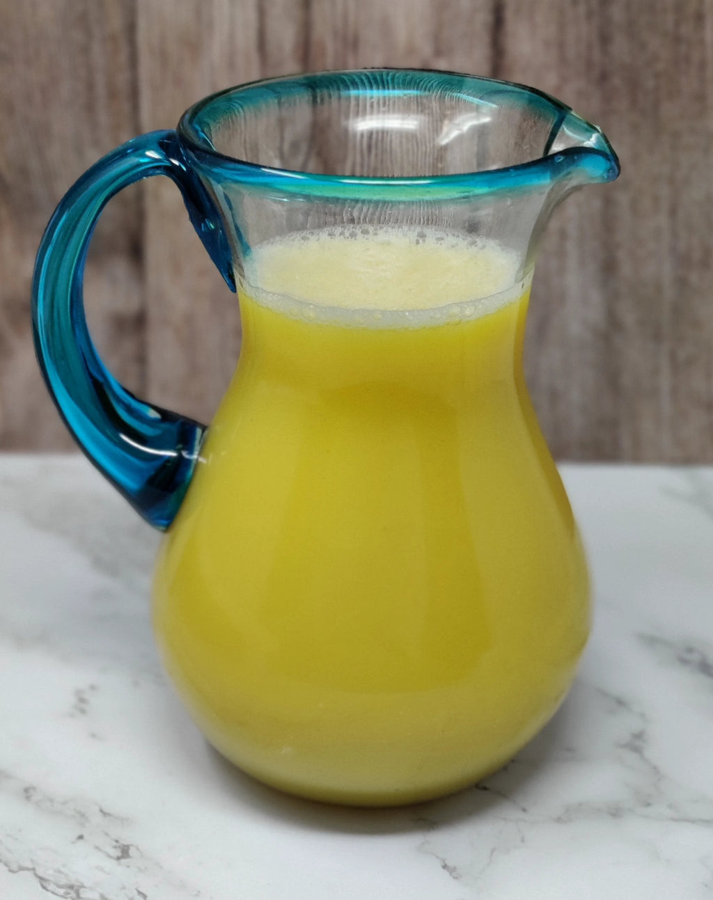 Mexican Hand Blown Glass Pitcher – Aqua Rim and Handle (84 oz) by Dos Sueños