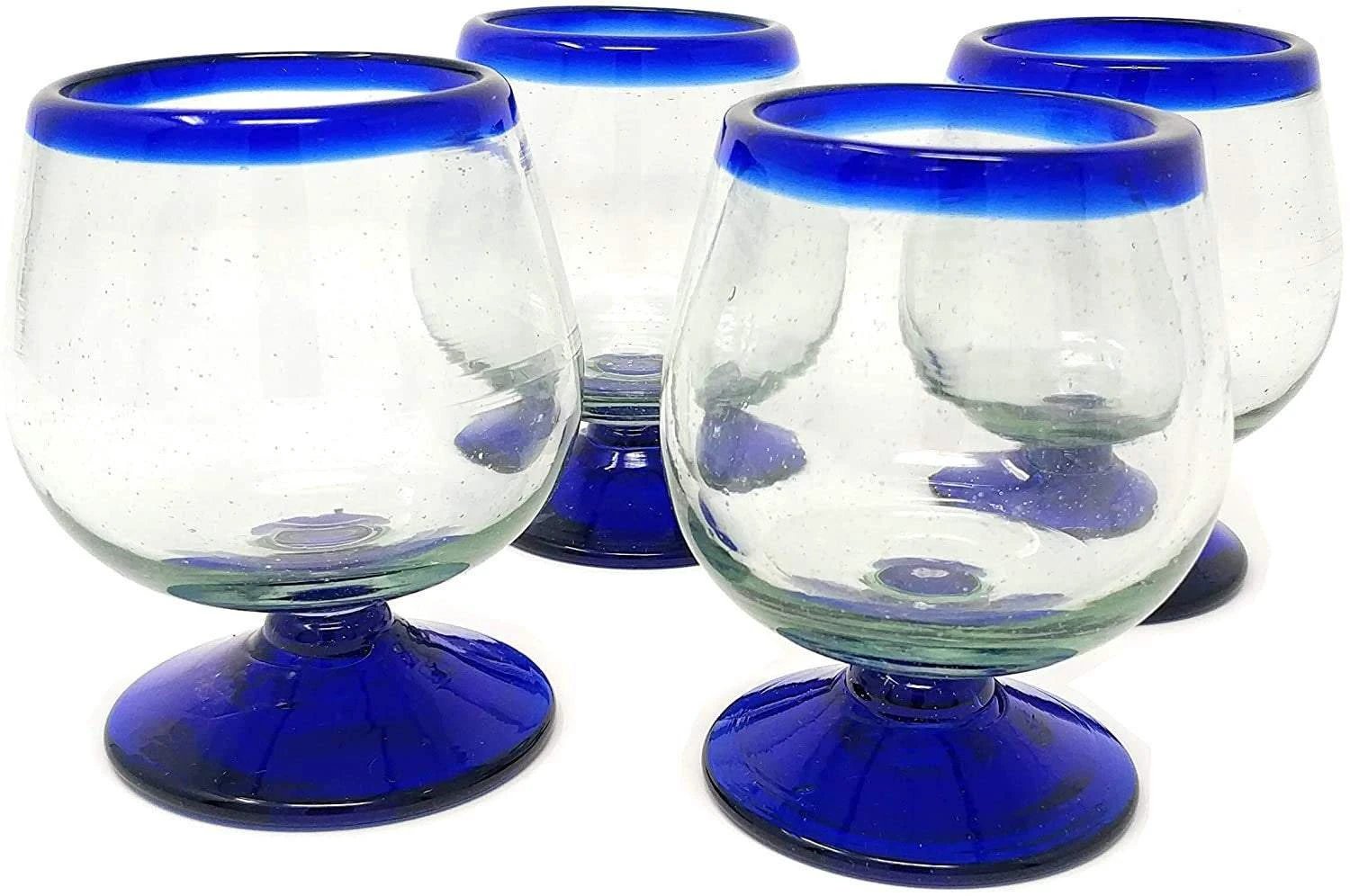 Cobalt Blue Rim Cognac Snifter Tequila Glasses - Set of 4 (7 oz each) by Dos Sueños