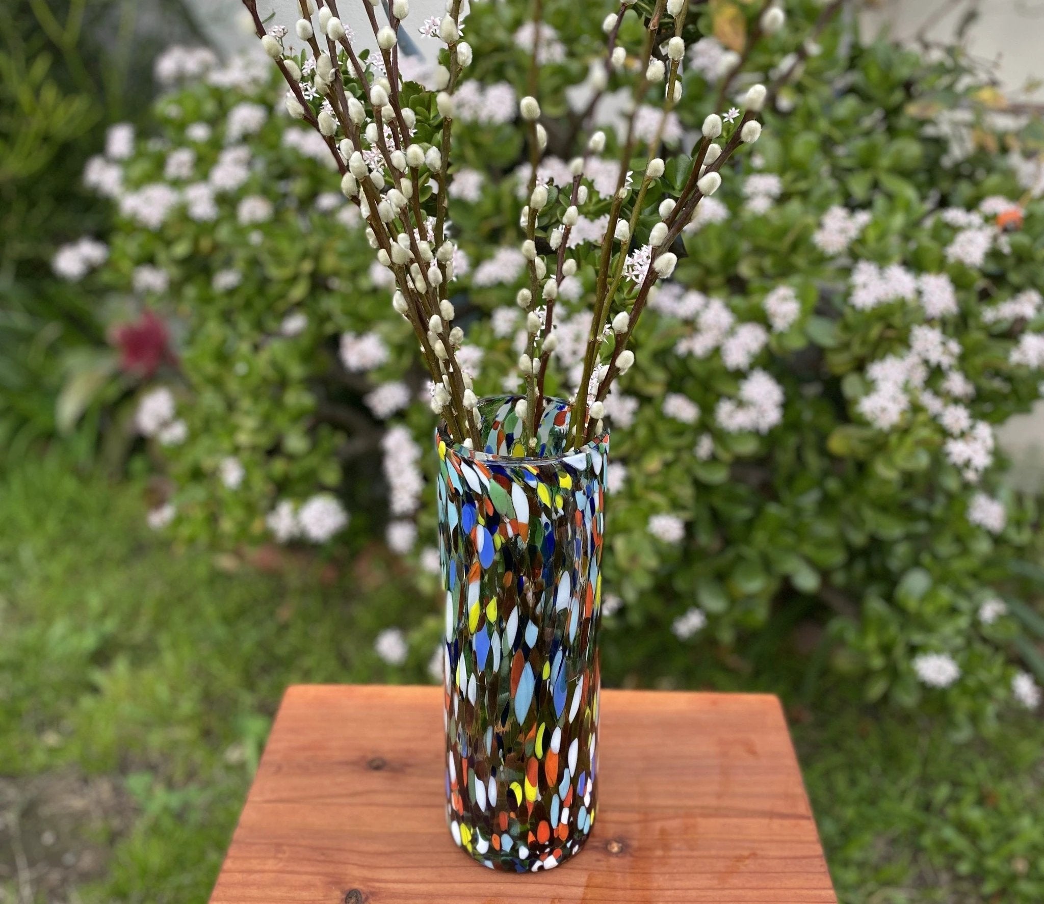 Mexican Hand Blown Glass Vase (11.5" x 4") – Confetti Carmen Colorful Flower Vase by Dos Sueños