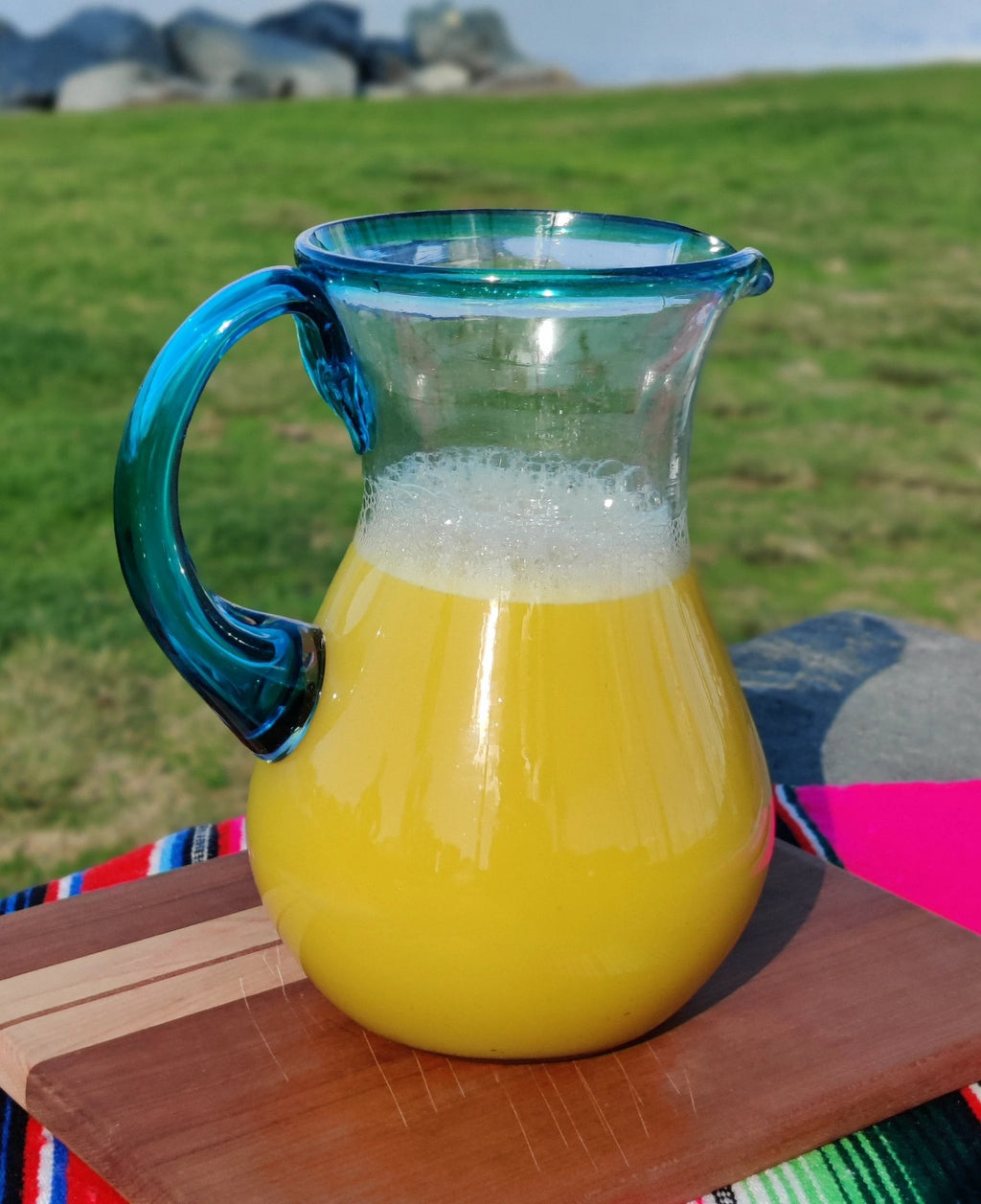 Mexican Hand Blown Glass Pitcher – Aqua Rim and Handle (84 oz) by Dos Sueños