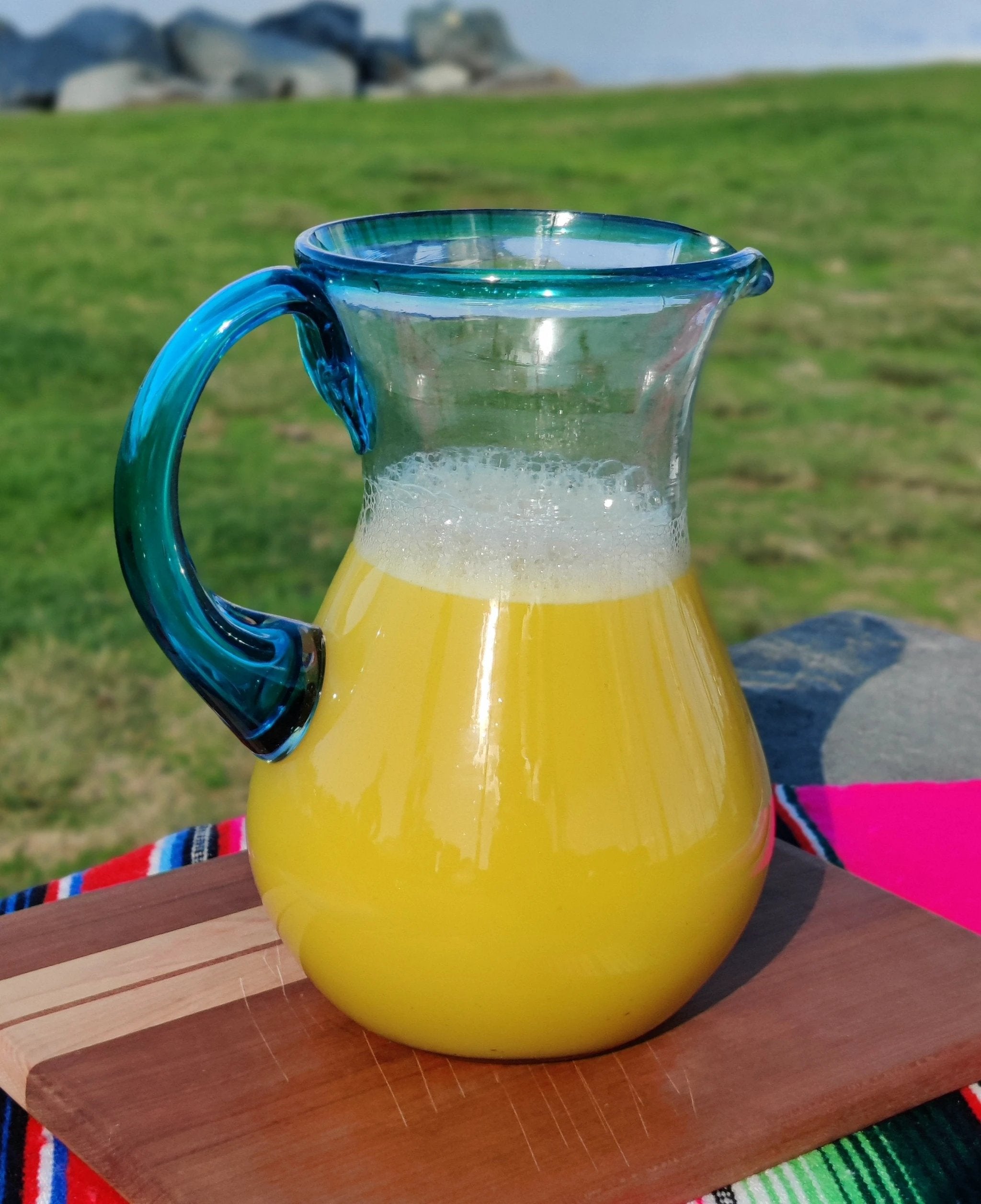 Mexican Hand Blown Glass Pitcher – Aqua Rim and Handle (84 oz) by Dos Sueños