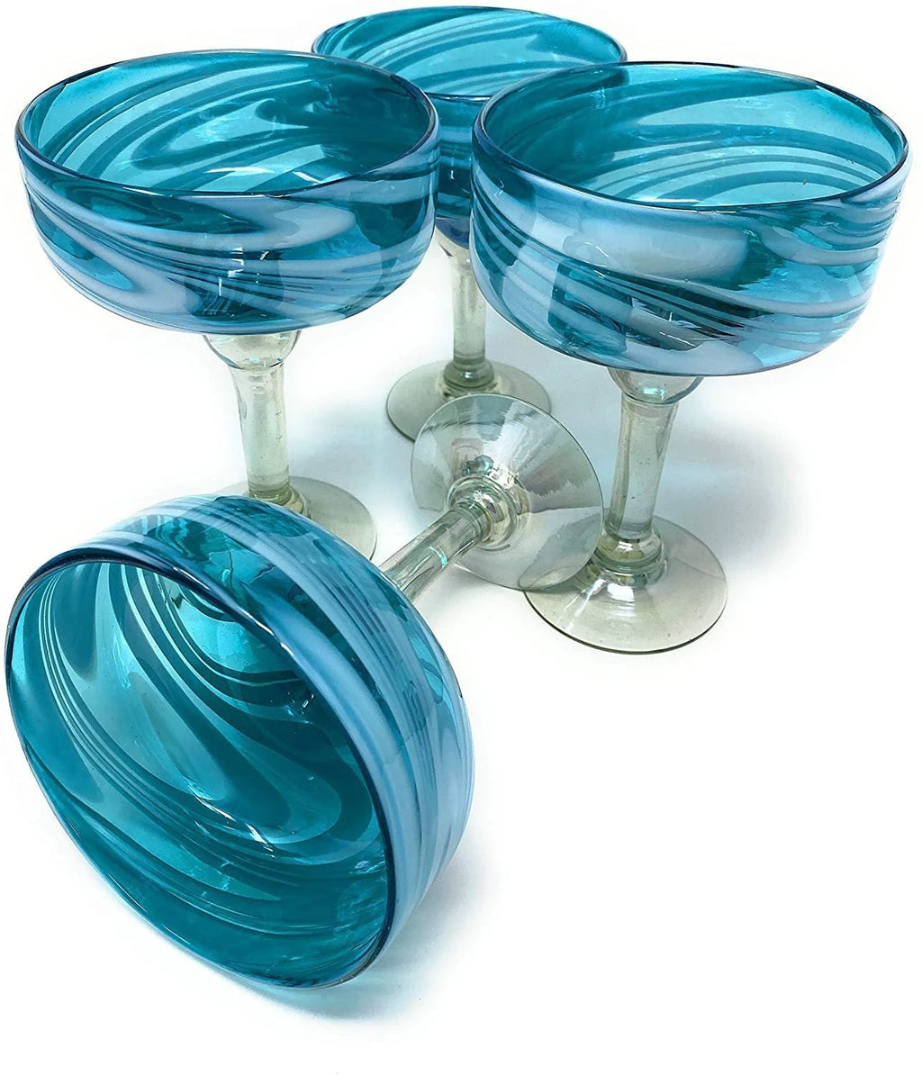 Aqua Swirl Design Margarita Glasses- Set of 4 (16 oz each) by Dos Sueños