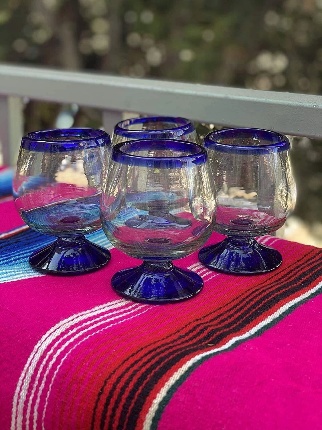Cobalt Blue Rim Cognac Snifter Tequila Glasses - Set of 4 (7 oz each) by Dos Sueños