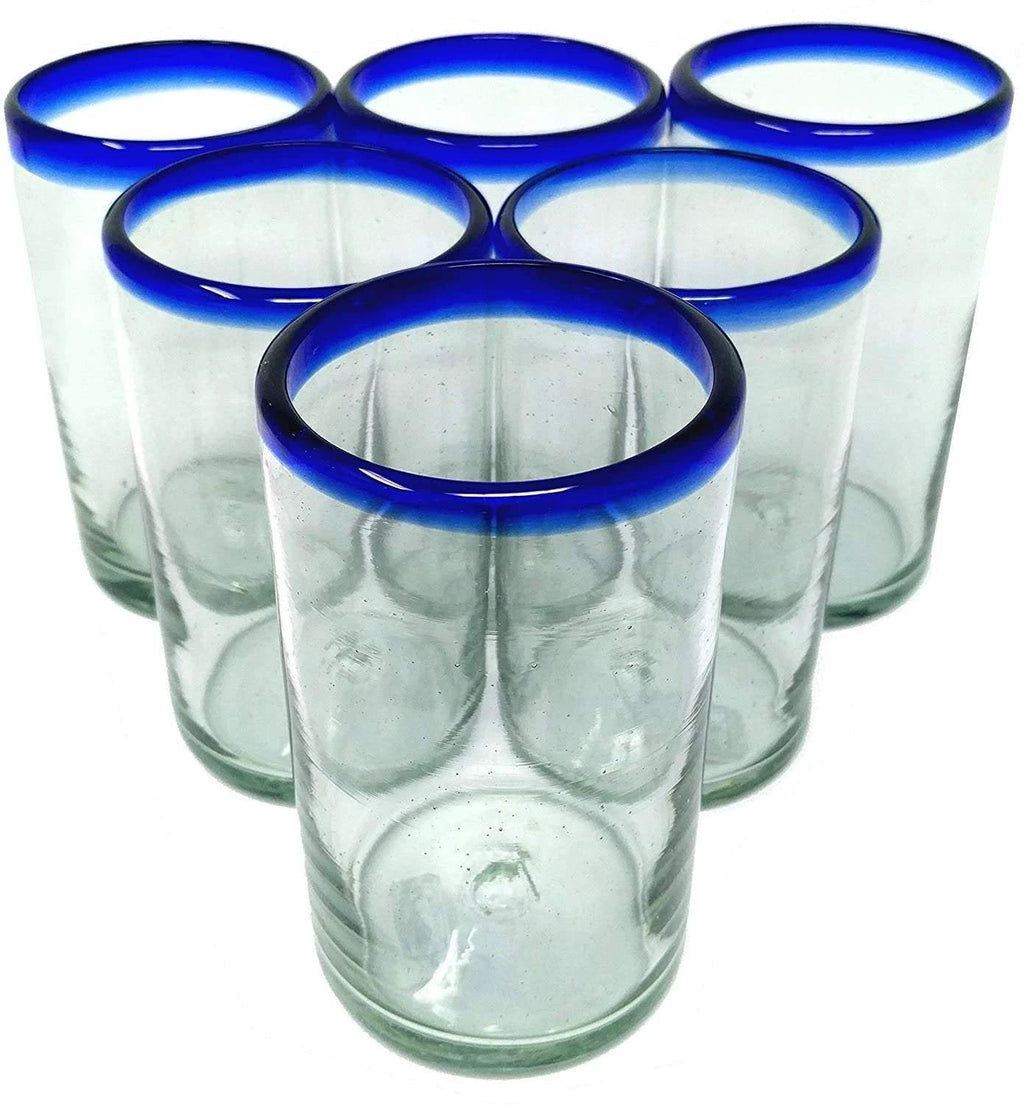 Cobalt Blue Rim Drinking Glasses - Set of 6 (14 oz each) by Dos Sueños