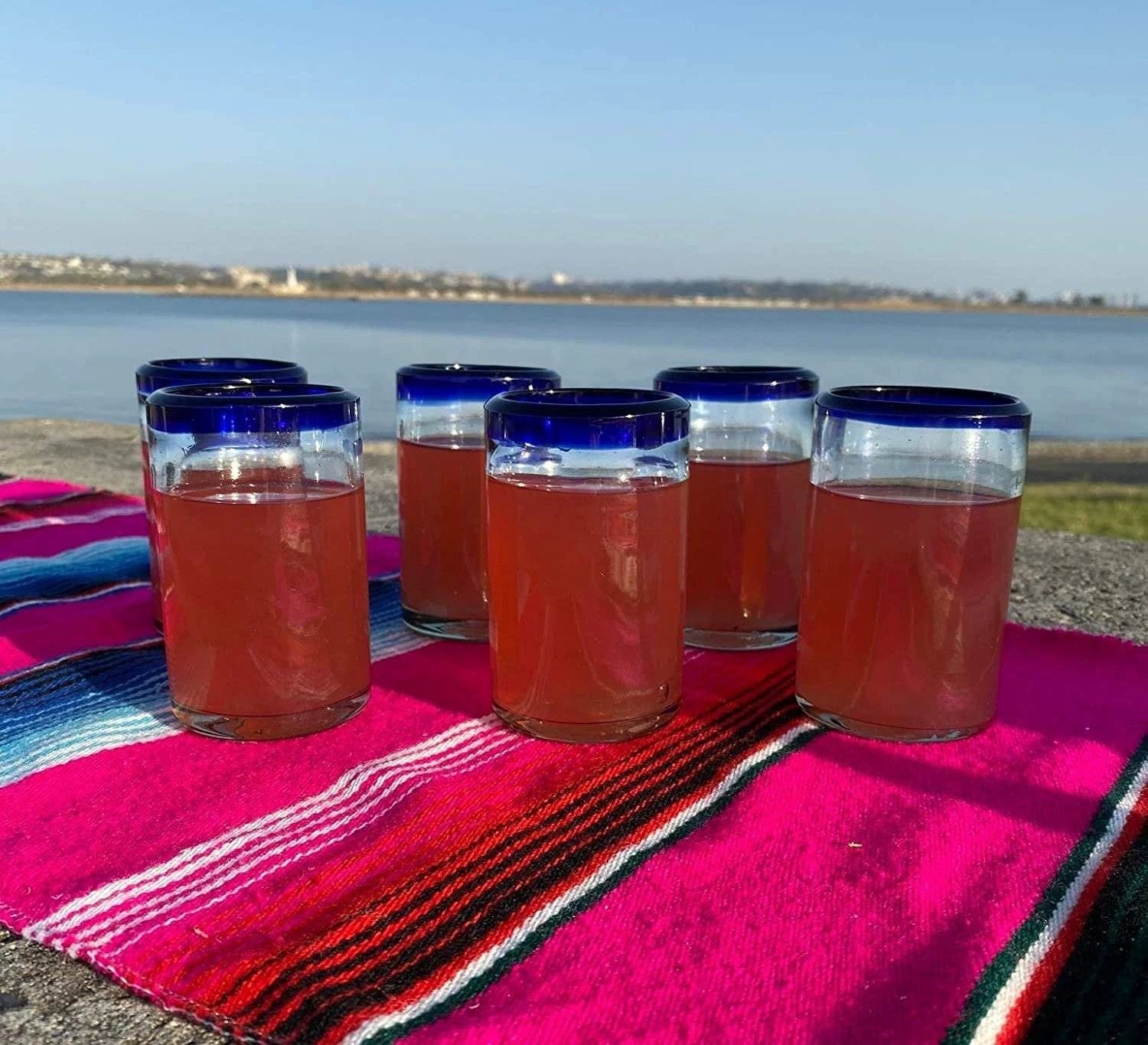 Cobalt Blue Rim Juice Glasses - Set of 6 (8 oz each) by Dos Sueños