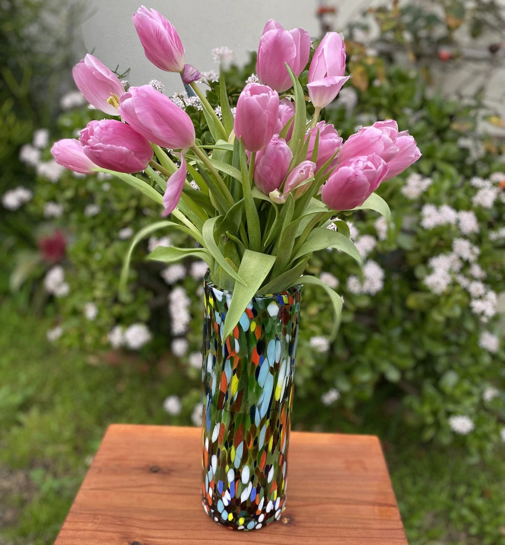 Mexican Hand Blown Glass Vase (11.5" x 4") – Confetti Carmen Colorful Flower Vase by Dos Sueños