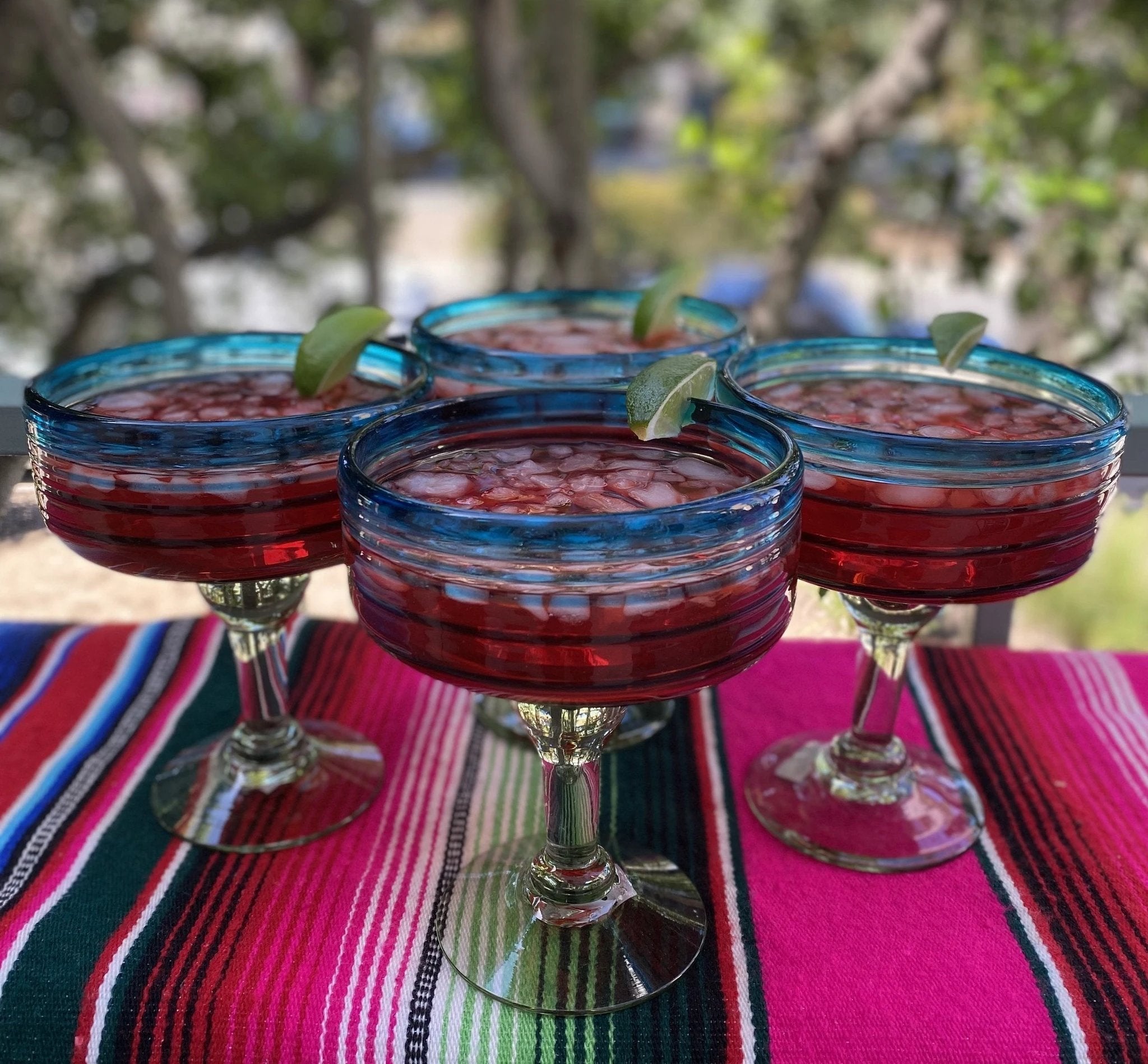 Mexican Hand Blown Glass – Set of 4 Hand Blown Margarita Glasses (16 oz) with Aqua Spiral Design by Dos Sueños