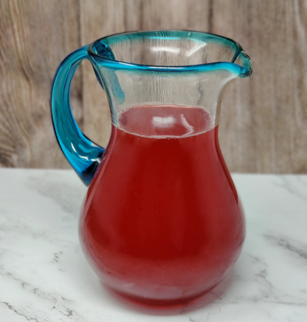 Mexican Hand Blown Glass Pitcher – Aqua Rim and Handle (84 oz) by Dos Sueños