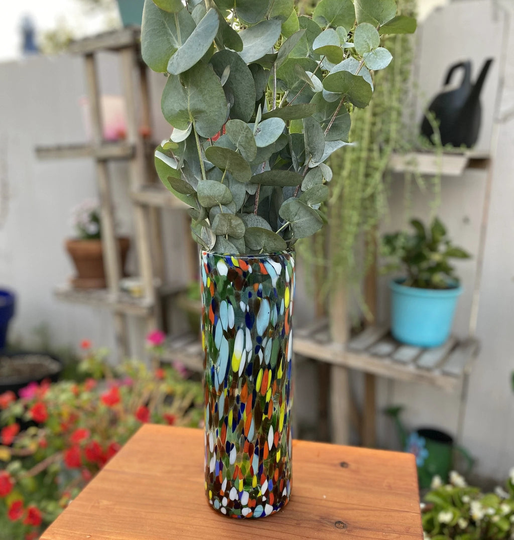 Mexican Hand Blown Glass Vase (11.5" x 4") – Confetti Carmen Colorful Flower Vase by Dos Sueños