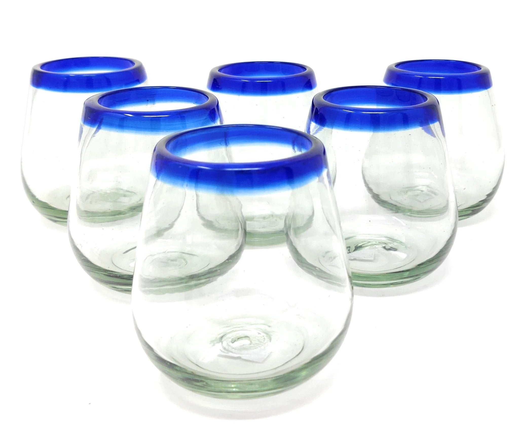 Hand Blown Mexican Stemless Wine Glasses - Set of 6 Glasses with Cobalt Blue Rims (15 oz) by Dos Sueños