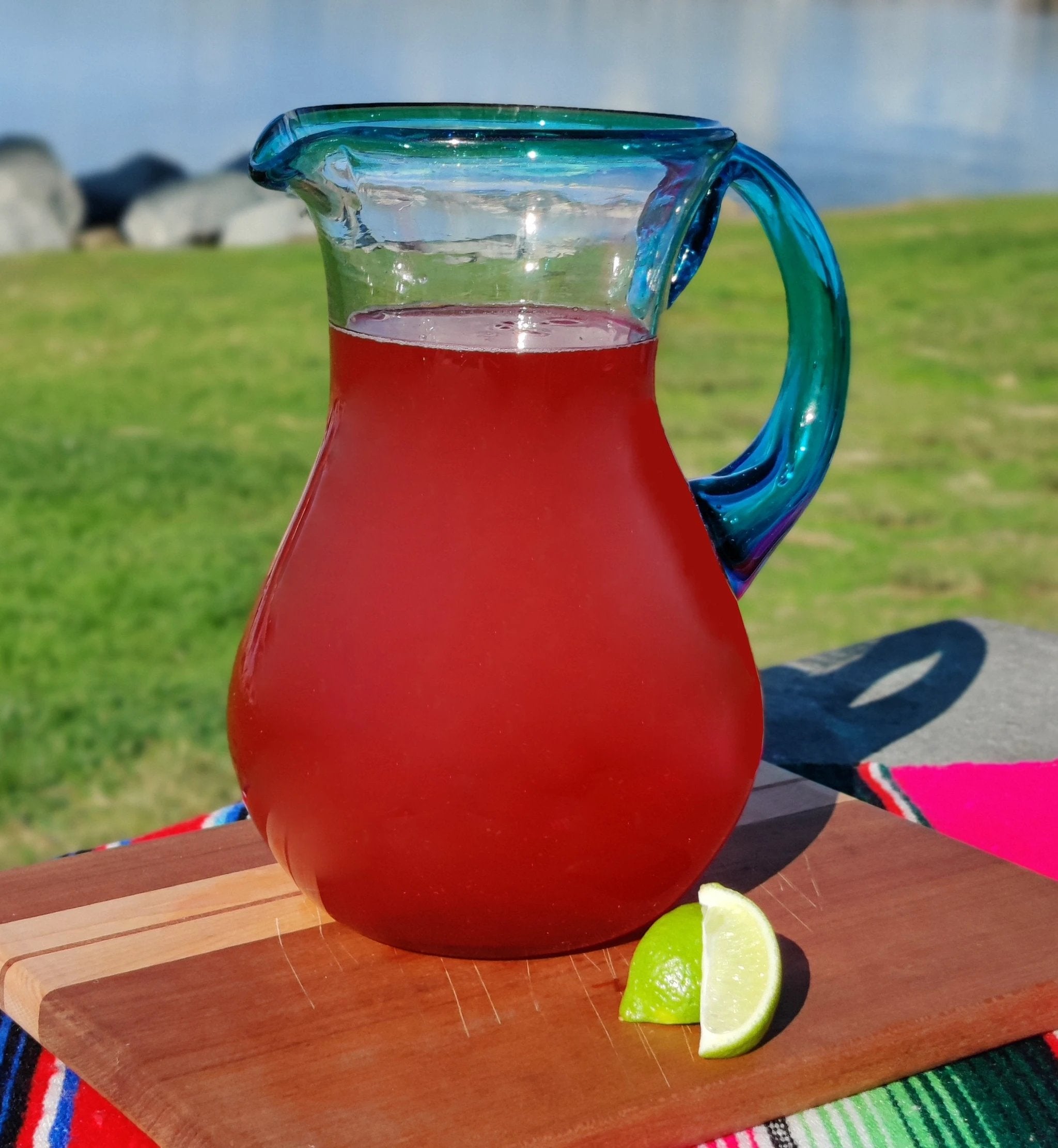 Mexican Hand Blown Glass Pitcher – Aqua Rim and Handle (84 oz) by Dos Sueños