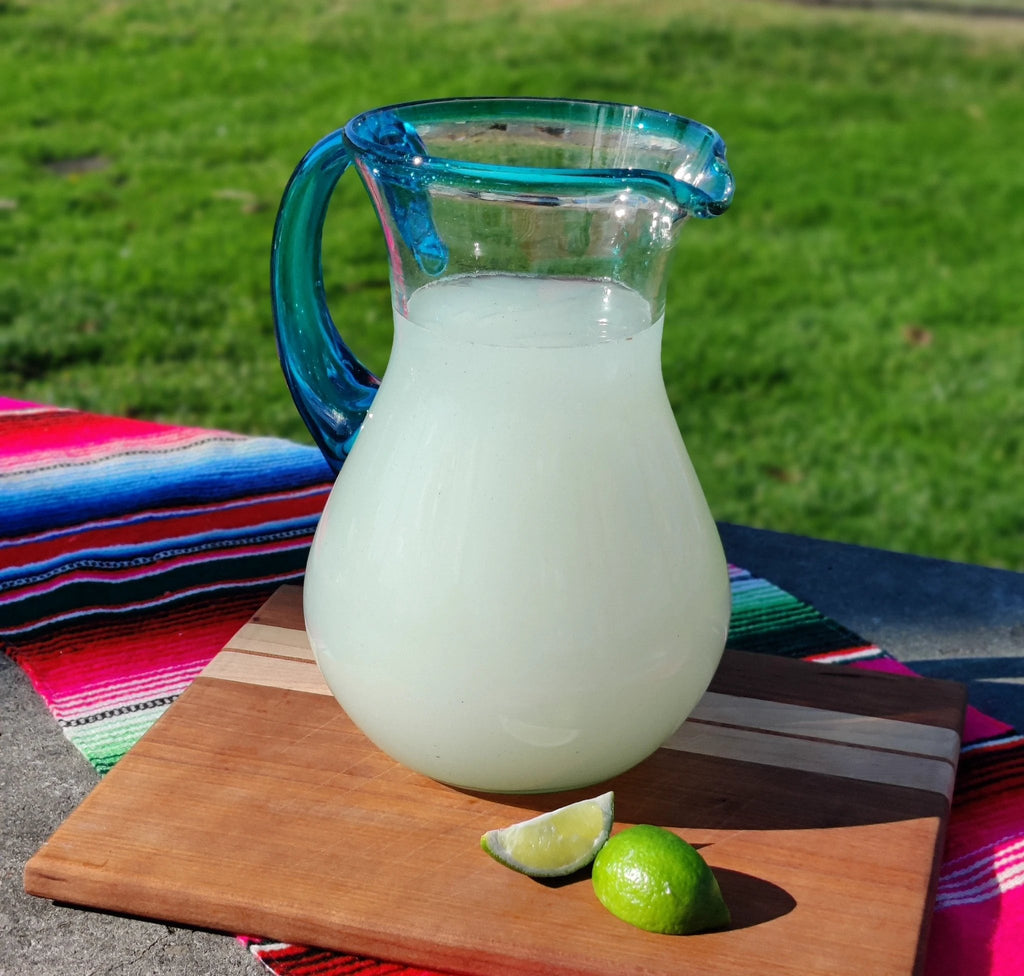 Mexican Hand Blown Glass Pitcher – Aqua Rim and Handle (84 oz) by Dos Sueños