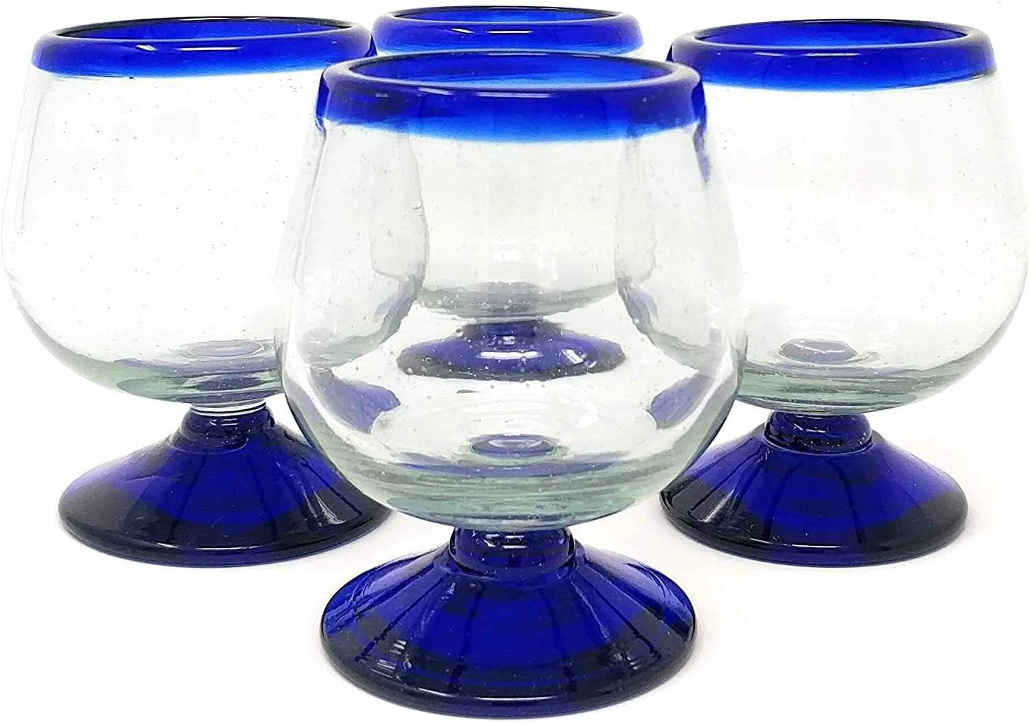 Cobalt Blue Rim Cognac Snifter Tequila Glasses - Set of 4 (7 oz each) by Dos Sueños
