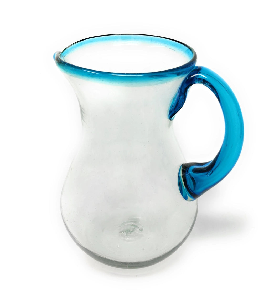 Mexican Hand Blown Glass Pitcher – Aqua Rim and Handle (84 oz) by Dos Sueños