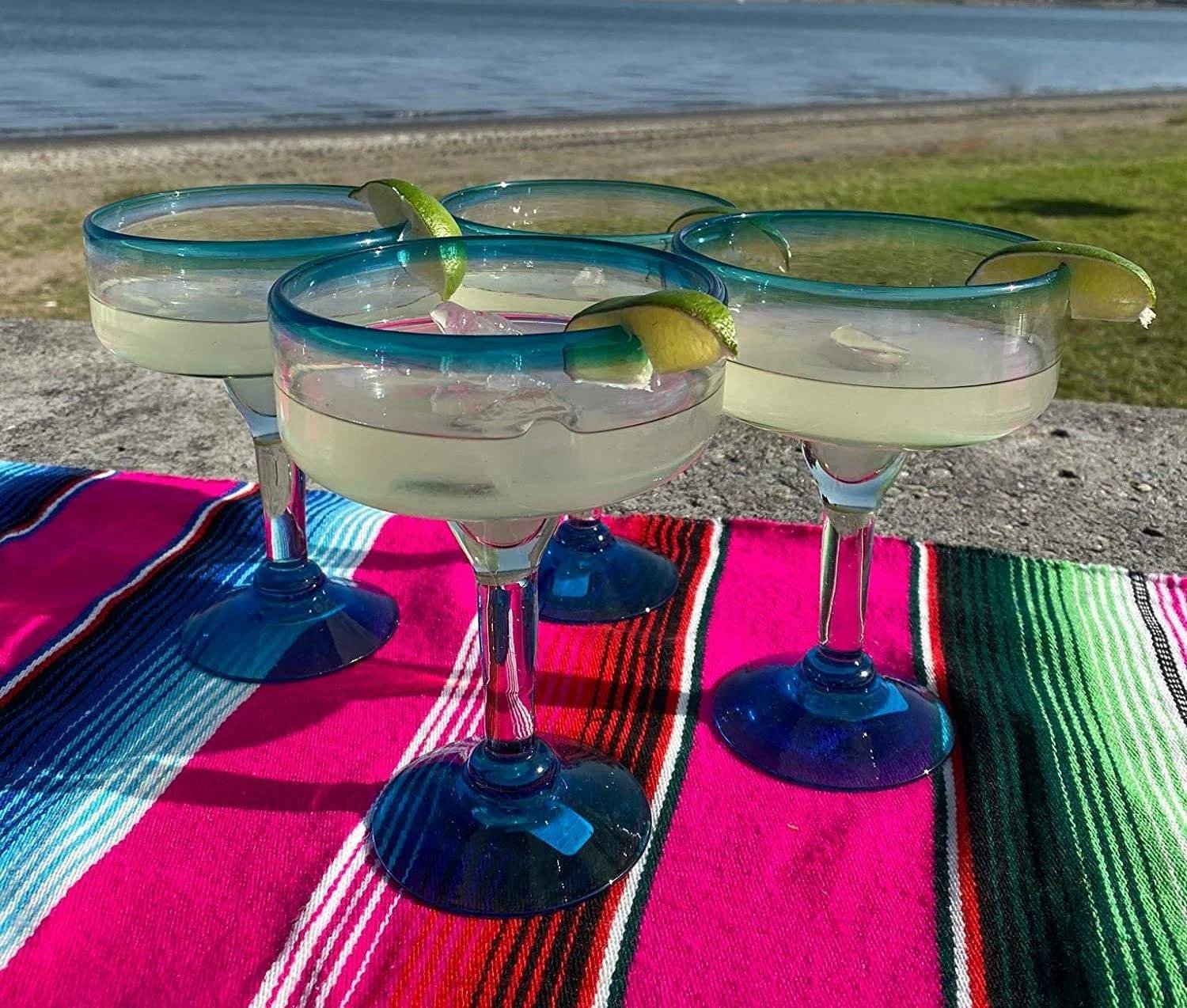 Aqua Rim Margarita Glasses - Set of 4 (16 oz each) by Dos Sueños