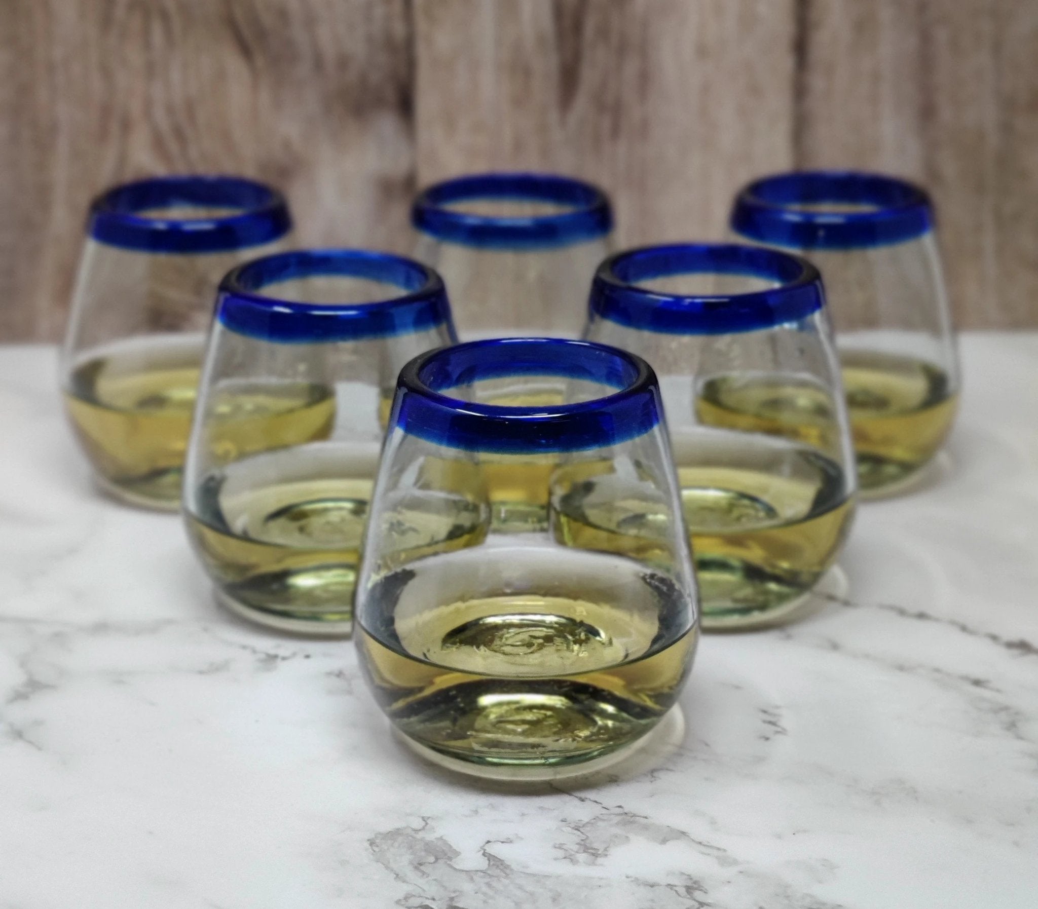 Hand Blown Mexican Stemless Wine Glasses - Set of 6 Glasses with Cobalt Blue Rims (15 oz) by Dos Sueños