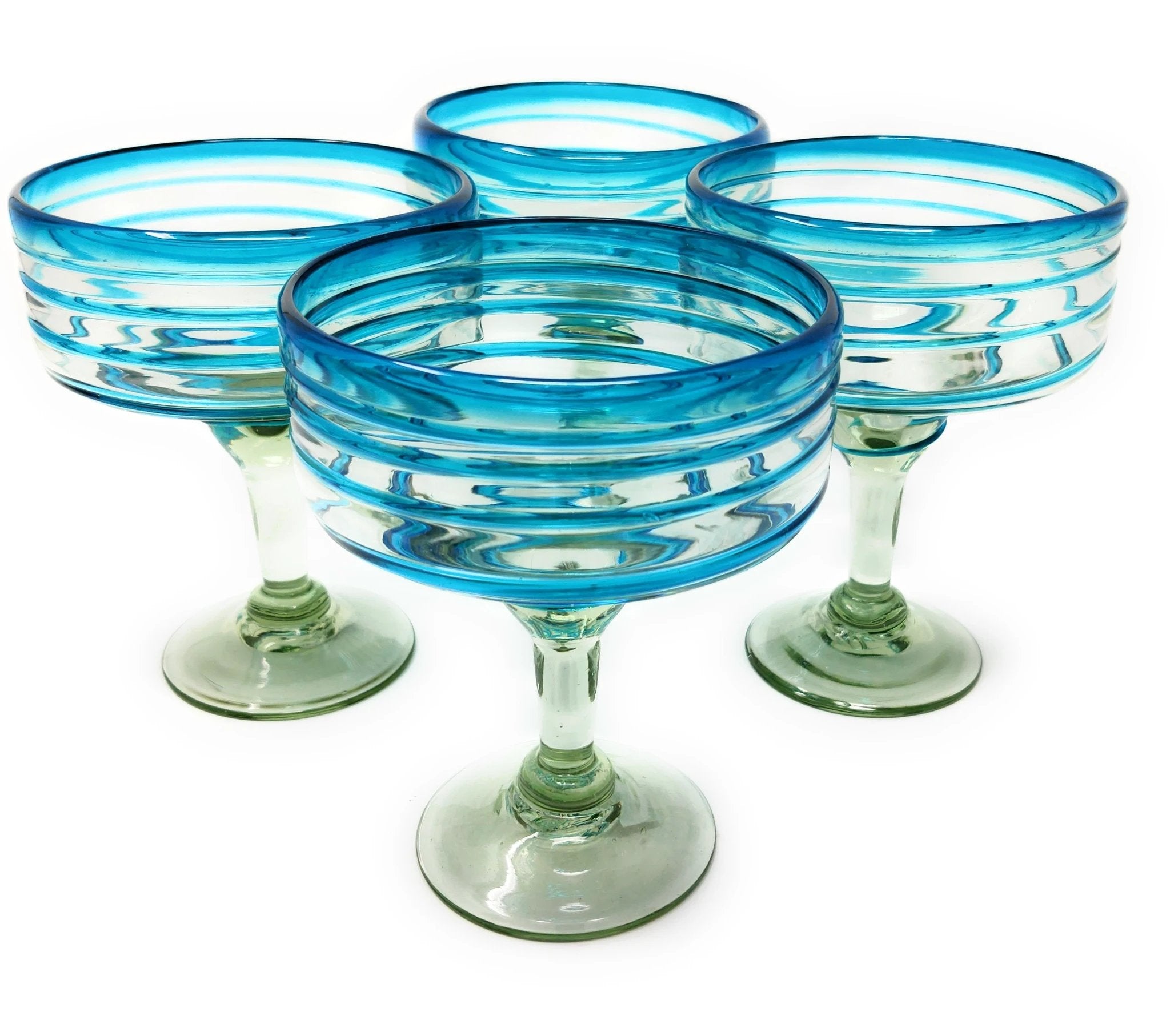 Mexican Hand Blown Glass – Set of 4 Hand Blown Margarita Glasses (16 oz) with Aqua Spiral Design by Dos Sueños