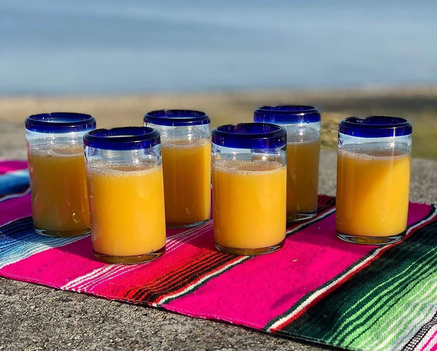 Cobalt Blue Rim Juice Glasses - Set of 6 (8 oz each) by Dos Sueños