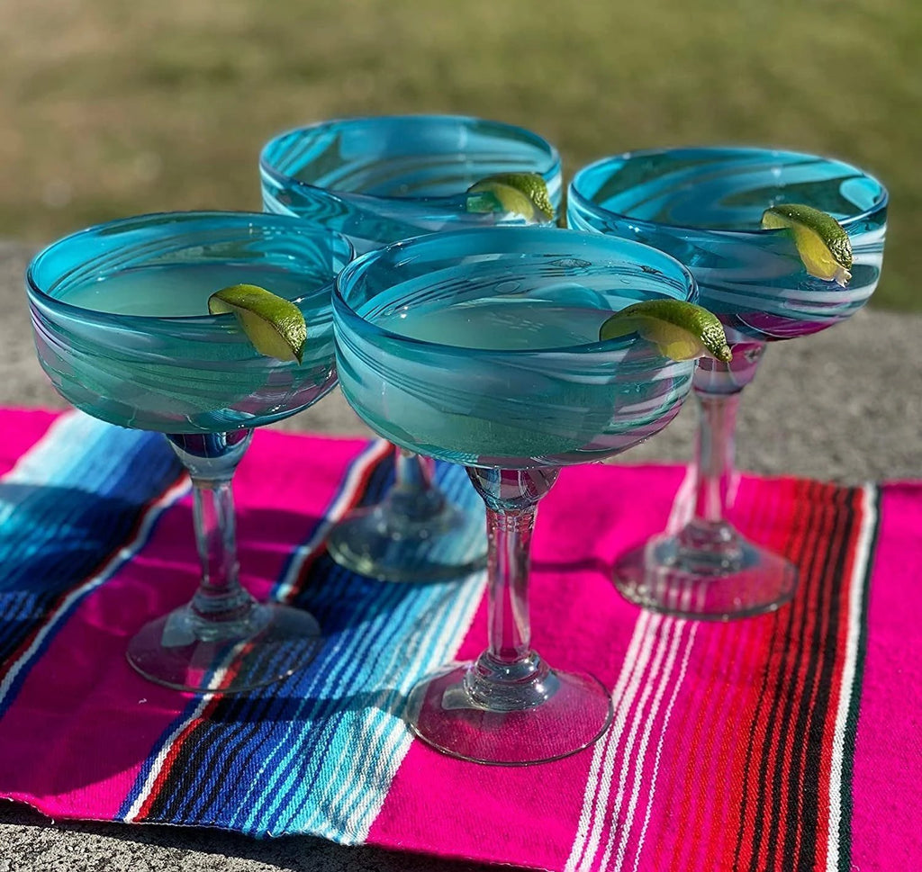 Aqua Swirl Design Margarita Glasses- Set of 4 (16 oz each) by Dos Sueños