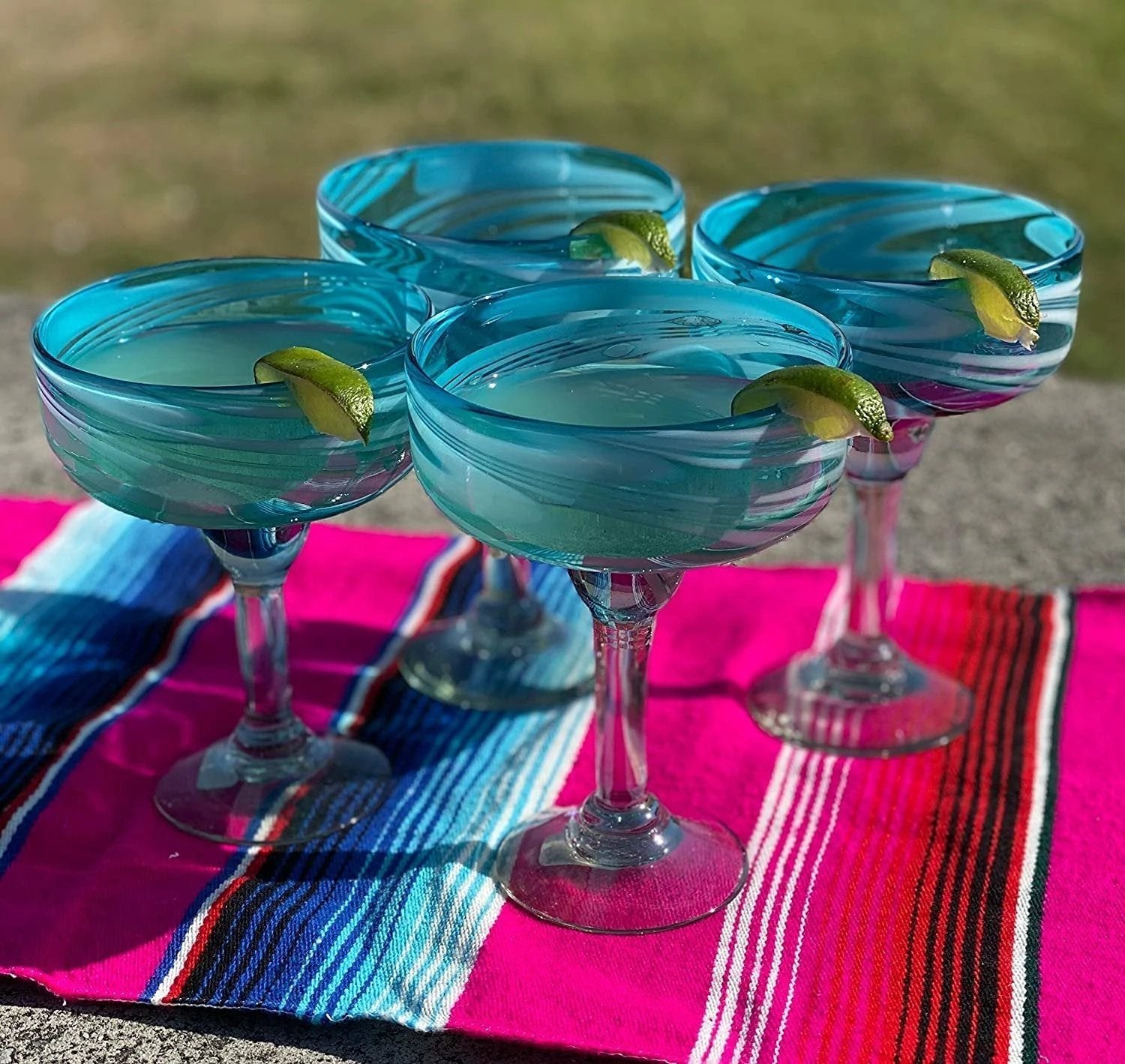 Aqua Swirl Design Margarita Glasses- Set of 4 (16 oz each) by Dos Sueños