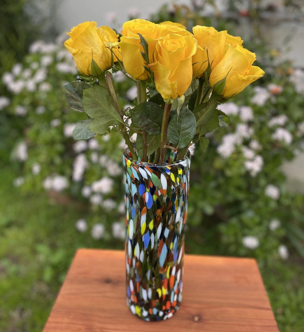 Mexican Hand Blown Glass Vase (11.5" x 4") – Confetti Carmen Colorful Flower Vase by Dos Sueños