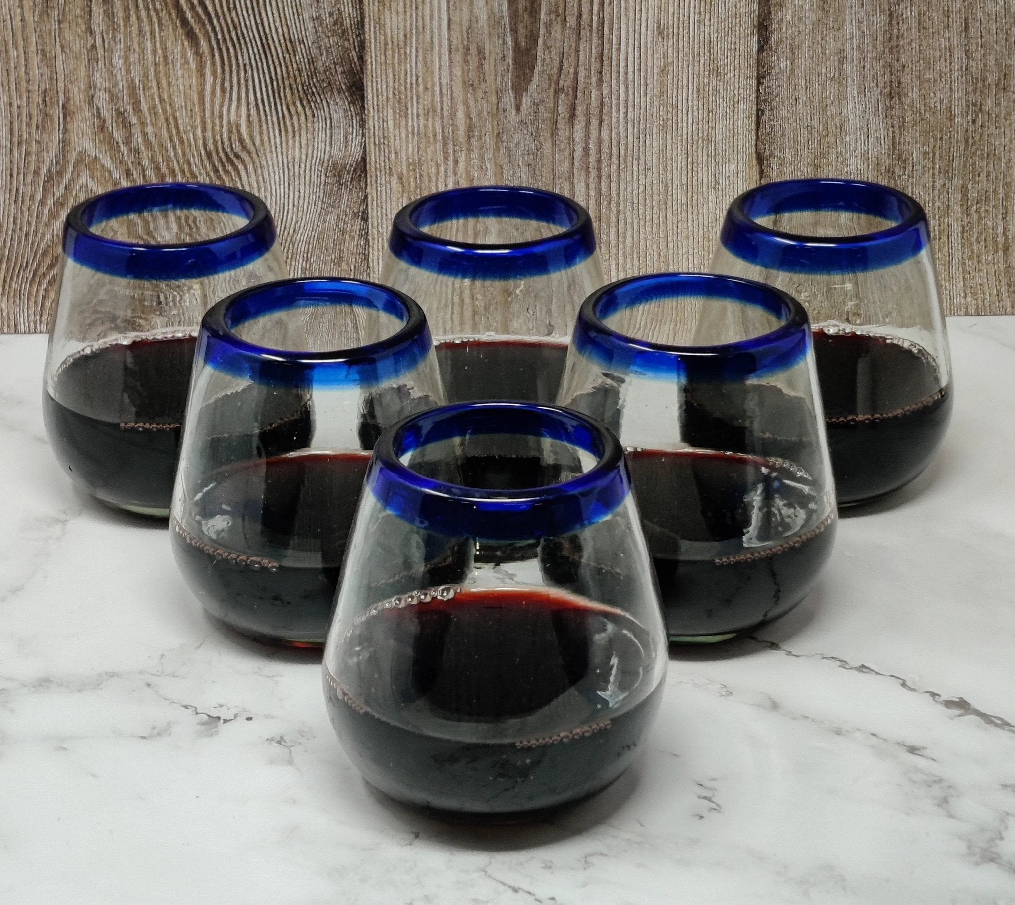 Hand Blown Mexican Stemless Wine Glasses - Set of 6 Glasses with Cobalt Blue Rims (15 oz) by Dos Sueños