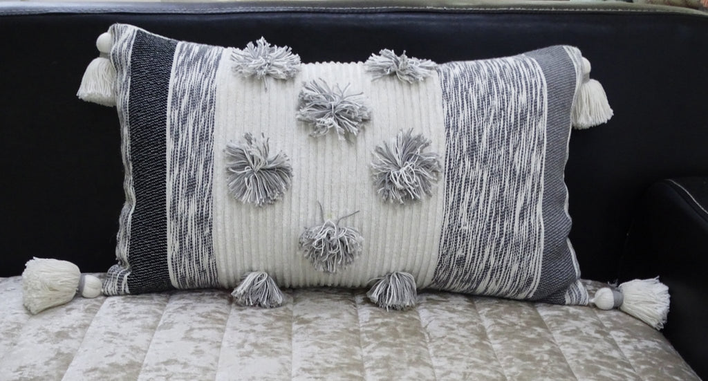 Melange Striped Throw Pillow with Large Poms and Tassels 14"x24" Home Furnishings La Vie Bien Melange Striped Throw Pillow with Large Poms and Tassels 14"x24"