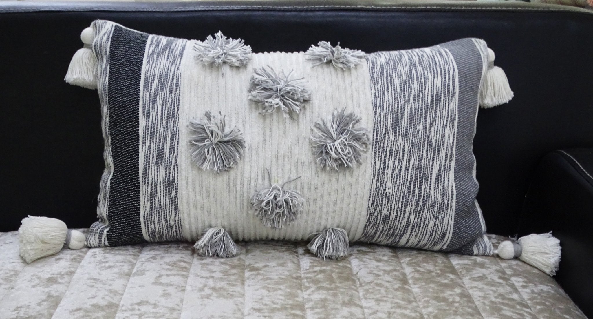 Melange Striped Throw Pillow with Large Poms and Tassels 14"x24" Home Furnishings La Vie Bien Melange Striped Throw Pillow with Large Poms and Tassels 14"x24"