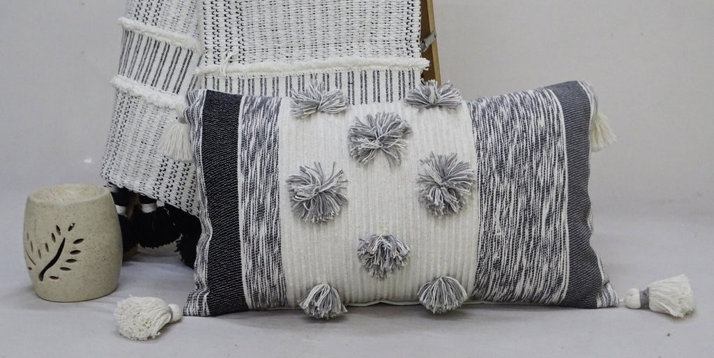 Melange Striped Throw Pillow with Large Poms and Tassels 14"x24" Home Furnishings La Vie Bien Melange Striped Throw Pillow with Large Poms and Tassels 14"x24"