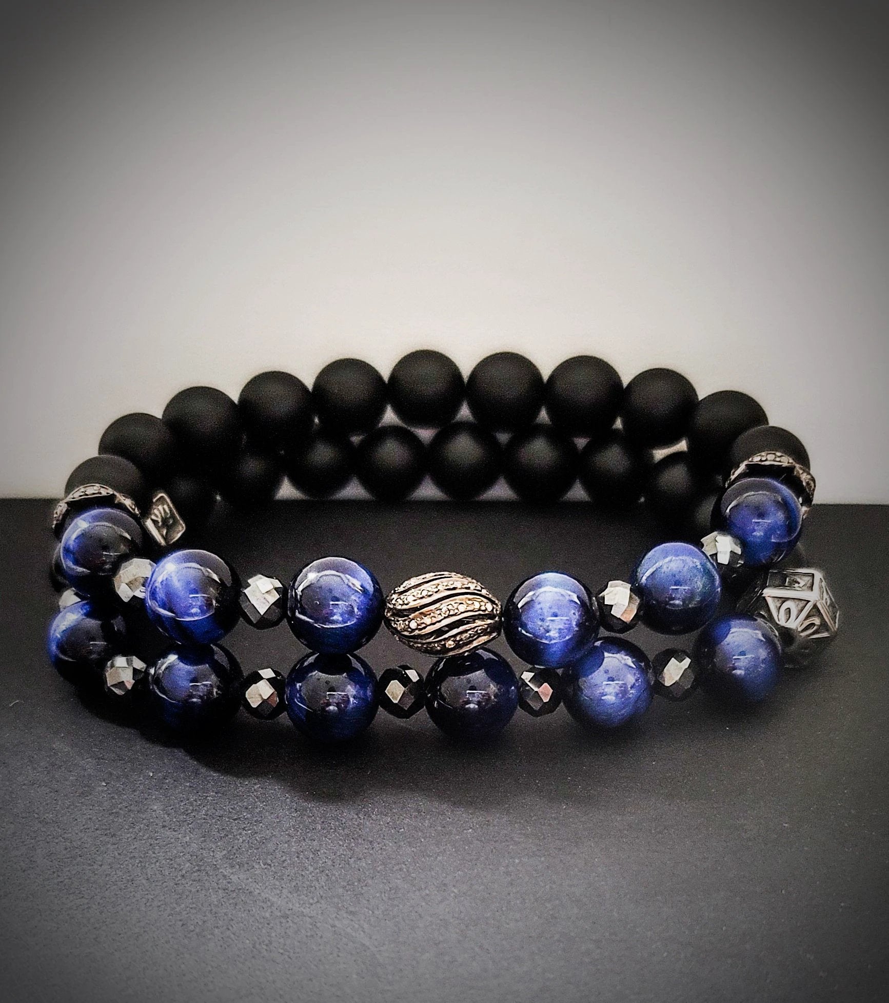 Men's Blue Tiger Eye and Black Diamonds bracelet set by L.Signature Collection by L.Styles