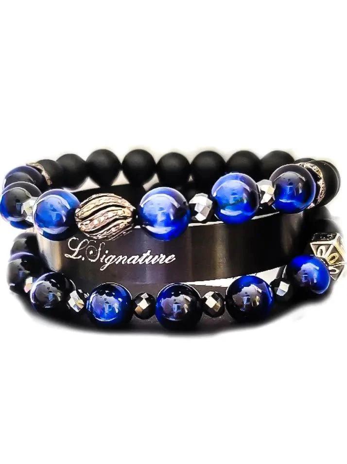 Men's Blue Tiger Eye and Black Diamonds bracelet set by L.Signature Collection by L.Styles