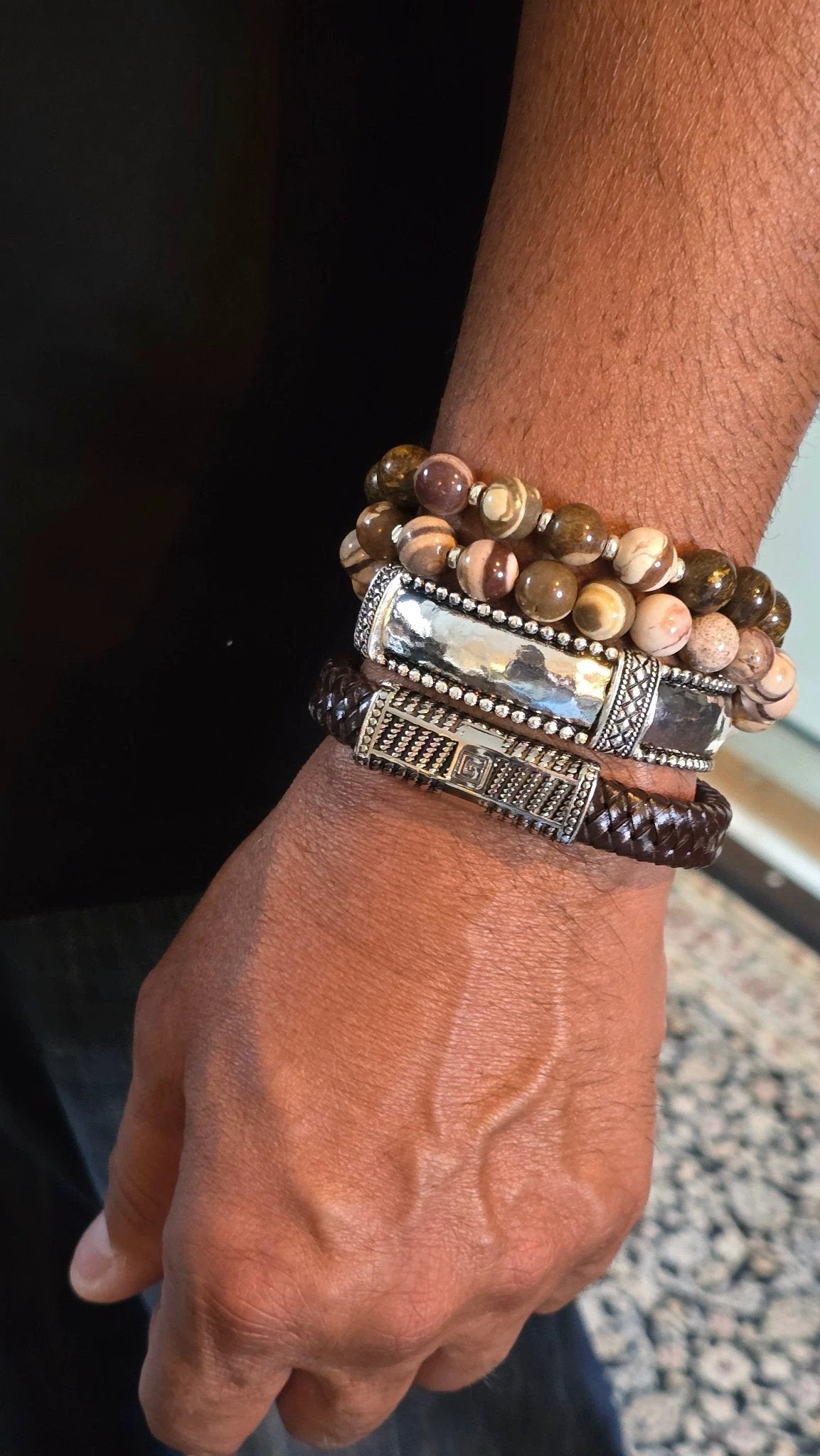Men's Round striped Tibetan Agate Bracelet set by L.Signature Collection by L.Styles