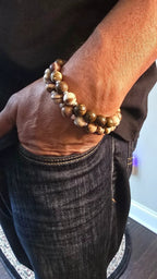 Men's Round striped Tibetan Agate Bracelet set
