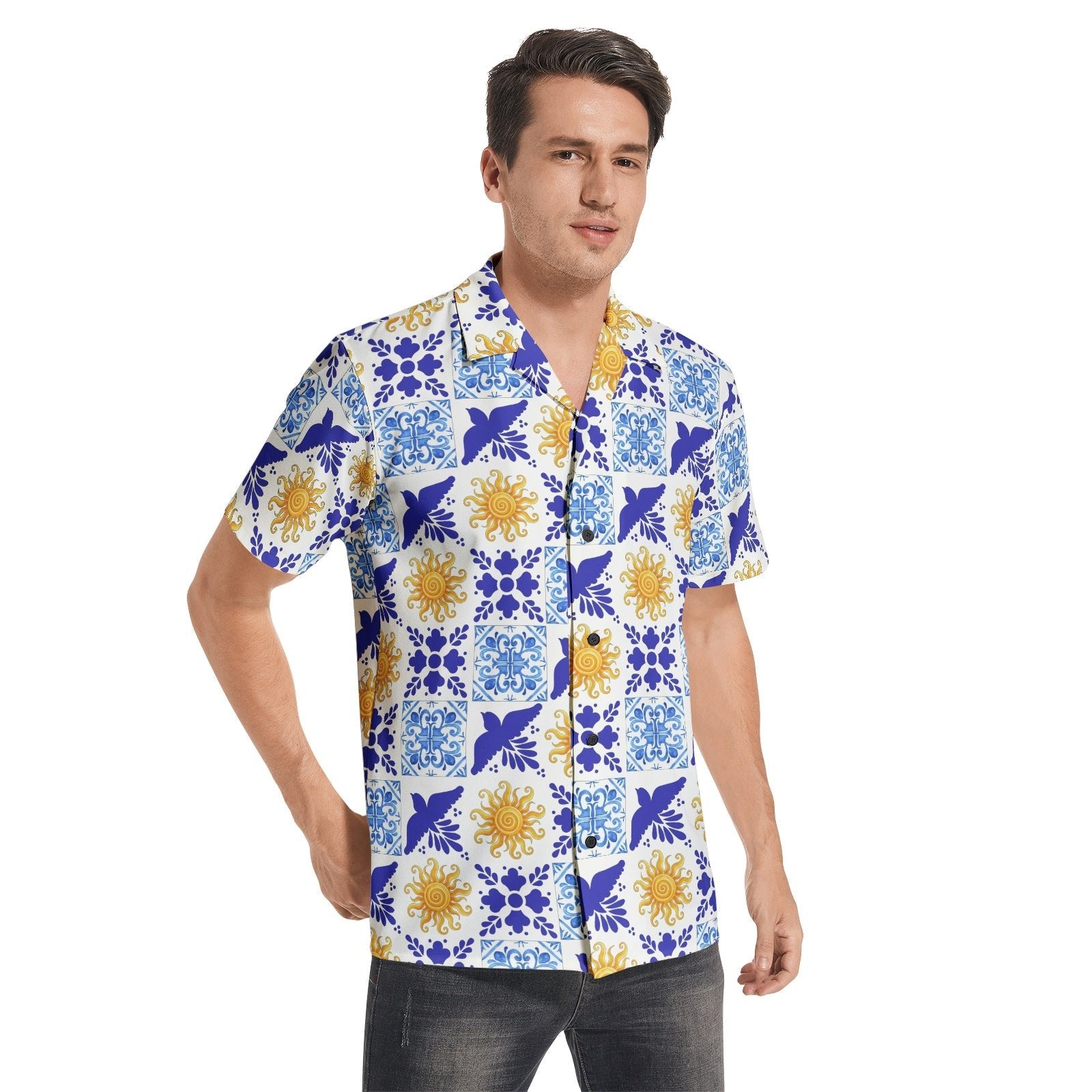 Men's Talavera Sol Polo Short Sleeve Shirt - Blue tile print with sun pattern T-shirts La Vie Bien Men's Talavera Sol Polo Short Sleeve Shirt - Blue tile print with sun pattern