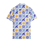 Men's Talavera Sol Polo Short Sleeve Shirt - Blue tile print with sun pattern T-shirts La Vie Bien Men's Talavera Sol Polo Short Sleeve Shirt - Blue tile print with sun pattern