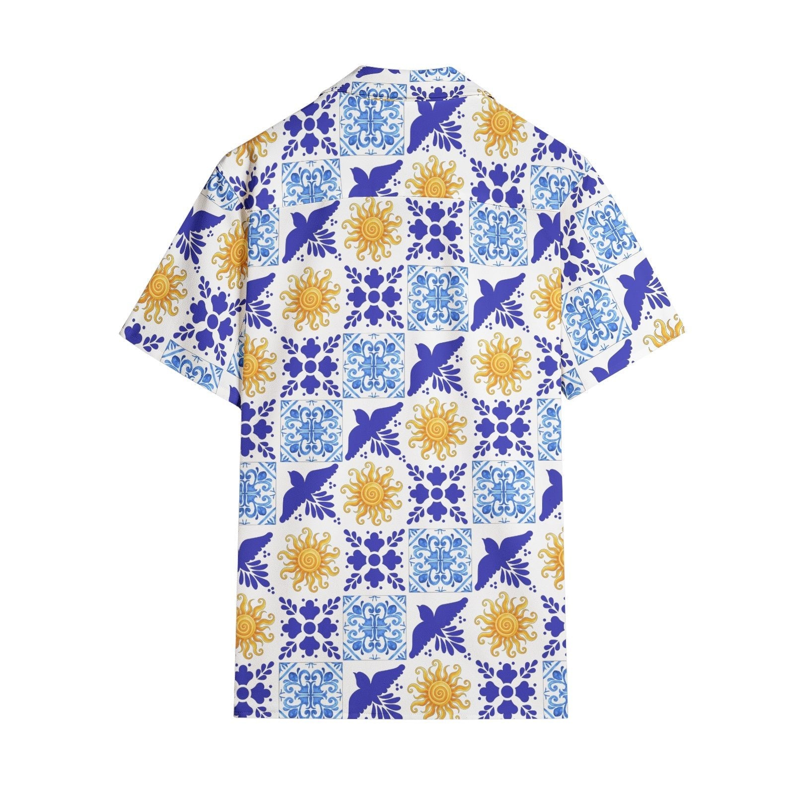 Men's Talavera Sol Polo Short Sleeve Shirt - Blue tile print with sun pattern T-shirts La Vie Bien Men's Talavera Sol Polo Short Sleeve Shirt - Blue tile print with sun pattern