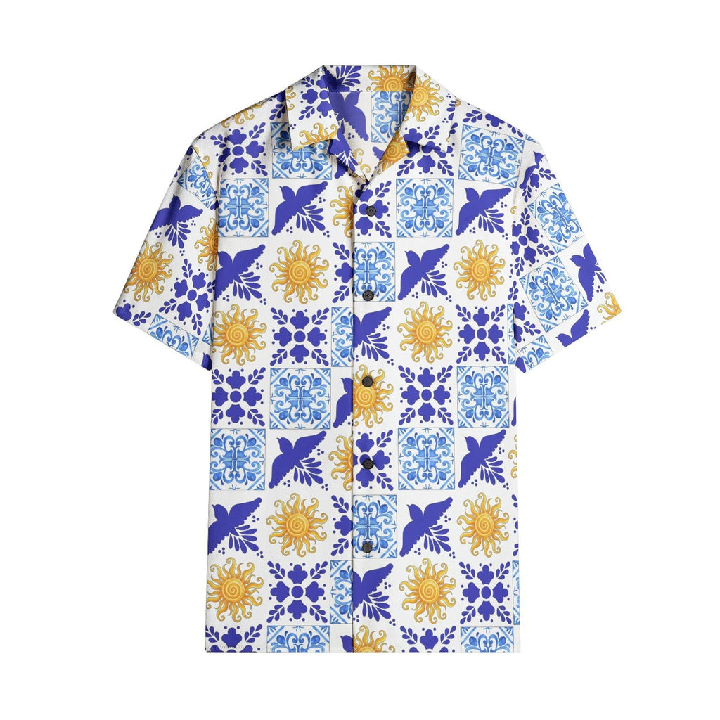 Men's Talavera Sol Polo Short Sleeve Shirt - Blue tile print with sun pattern T-shirts La Vie Bien Men's Talavera Sol Polo Short Sleeve Shirt - Blue tile print with sun pattern